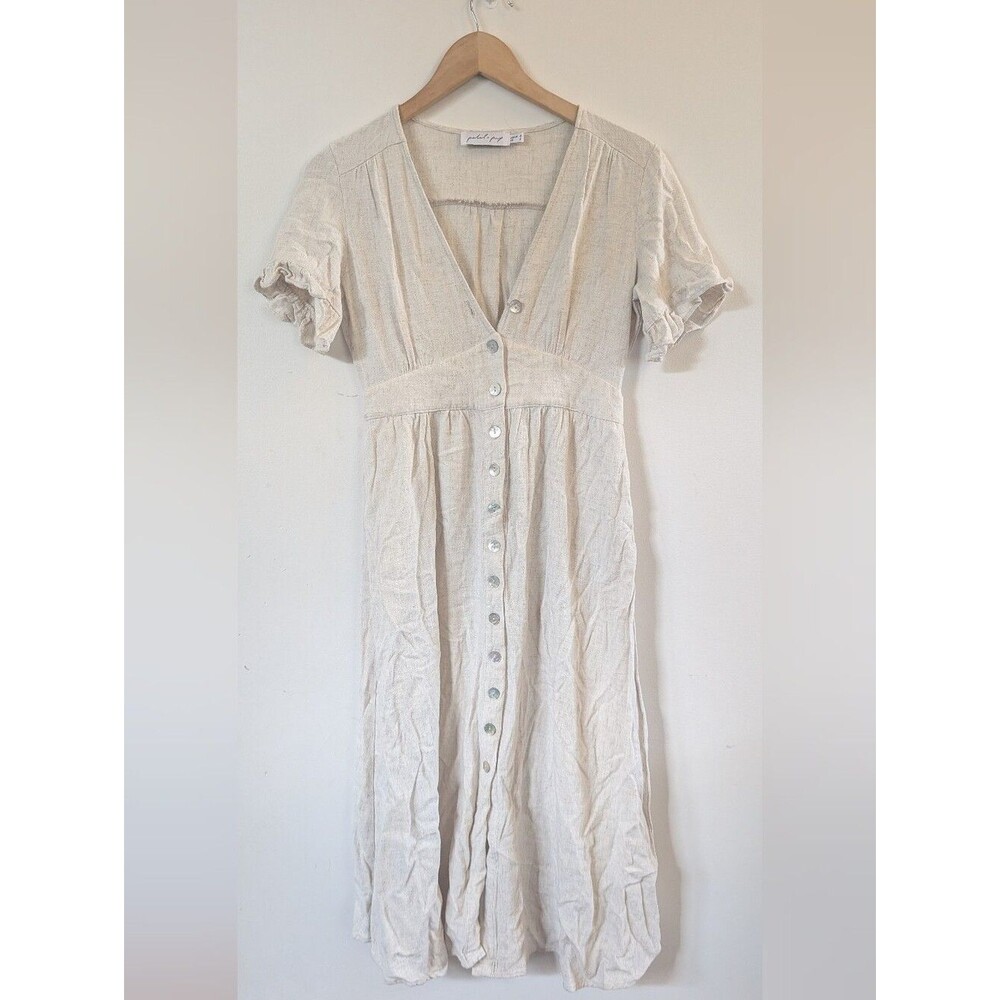 Petal & Pup 100% Linen Beige White Short Sleeve Midi Dress US 4